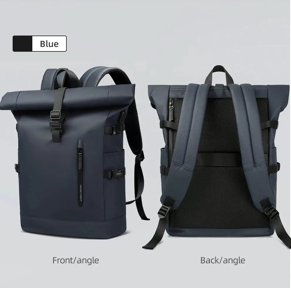 Laptop backpack by Simples Market, blue HK Large 15.6in with USB port, anti-theft travel design, front and back views