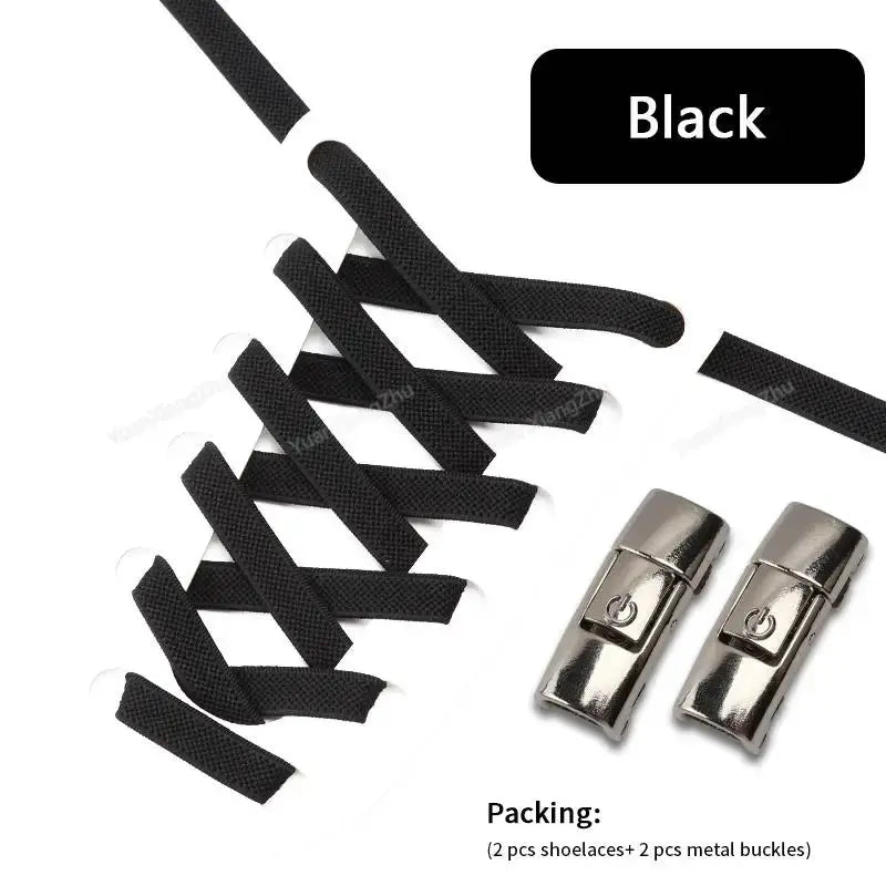 Simples Market black no-tie elastic shoelaces with press-lock; 8mm wide, includes 2 laces and 2 metal buckles
