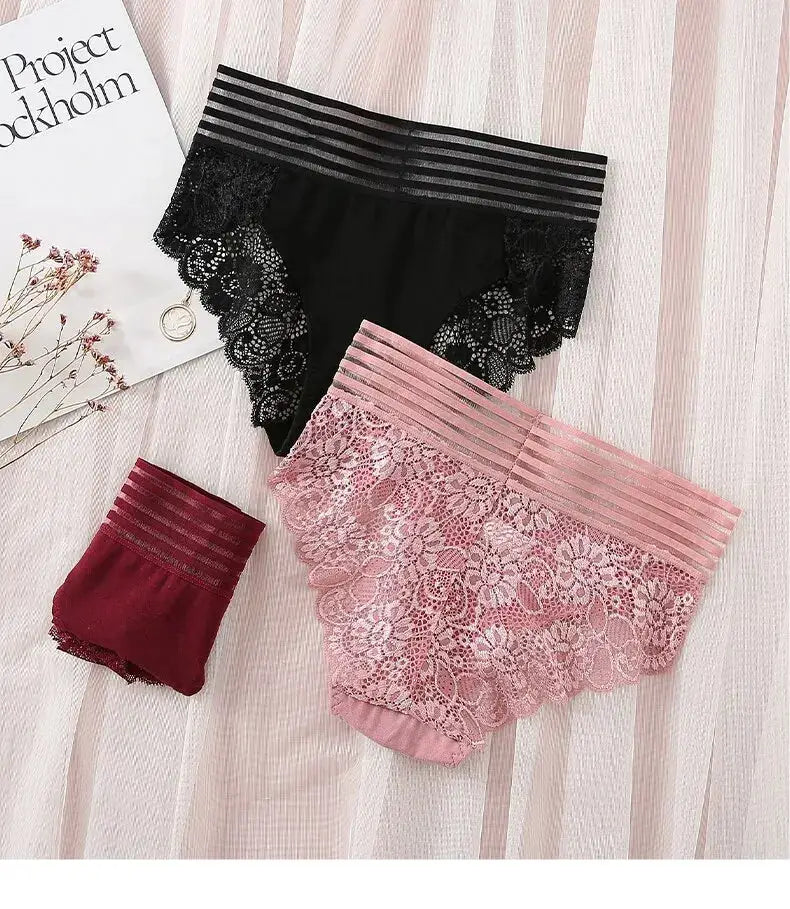 3-piece Simples Market lace panties set in black, burgundy, and pink with floral lace and striped elastic waistbands