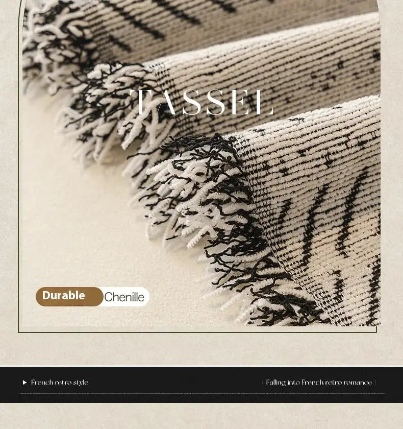 3-seater sofa cover in beige fishbone chenille with tassel fringe, Simples Market