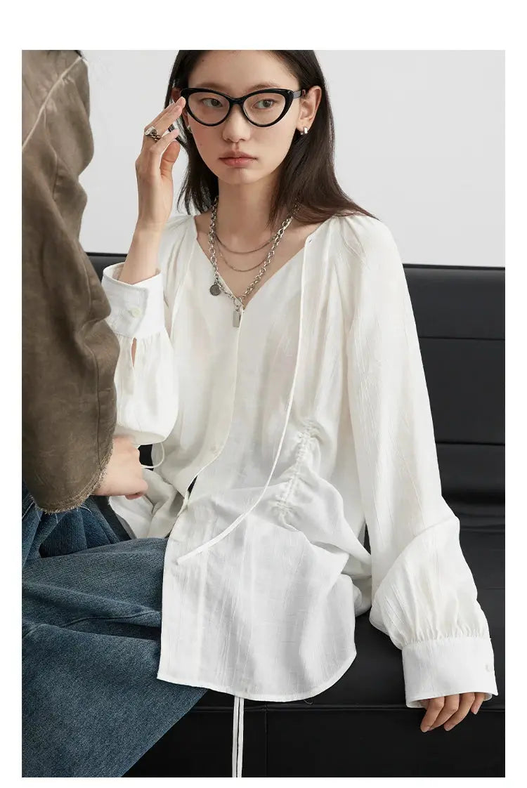 CHIC VEN women's white loose lace-up blouse with V-neck and raglan long sleeves