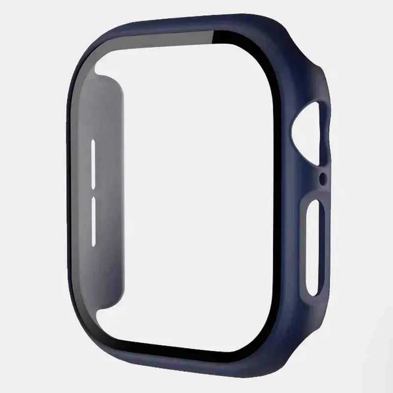 Apple Watch tempered glass screen protector and navy blue protective case for 38–46mm models