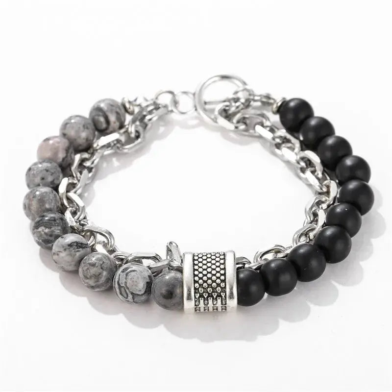 Fashion Punk Frosted Stone Chain Geometric Double Layer Beaded Bracelet Stainless Steel All Match Trend Accessory