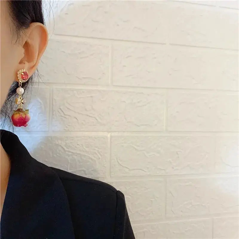 Unique Red Rose Earrings by Simples Market, epoxy resin drop with natural rose bloom and pearl accents