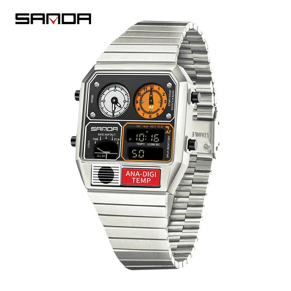 Sanda 3192 Mens Square Digital Analog Watch Waterproof Led Thermometer Stopwatch Sporty Durable Timepiece