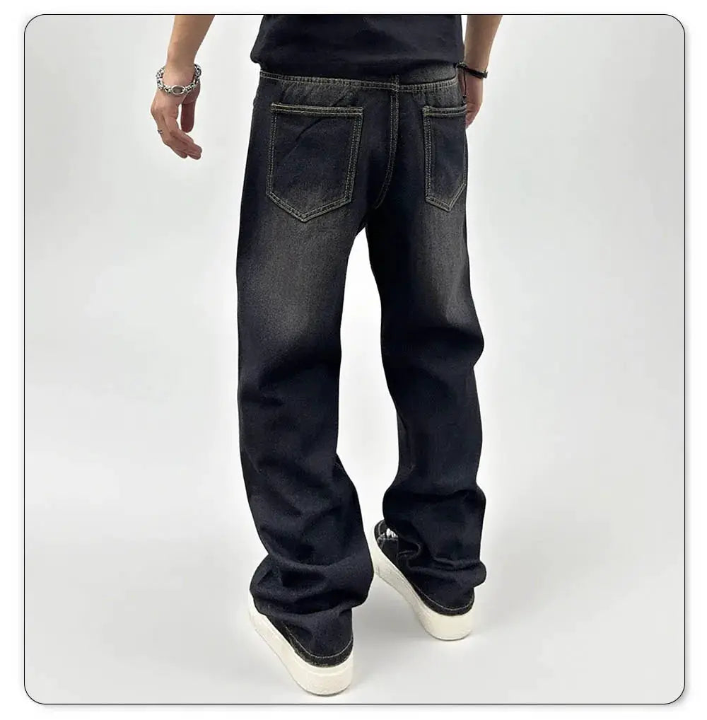 LIYS Spring men's black baggy straight-leg denim jeans with back pockets