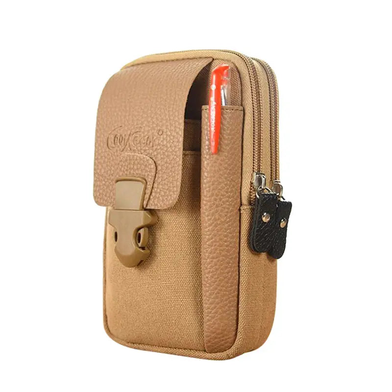 Simples Market tan fabric waist bag with faux-leather trim, front buckle and zip pockets
