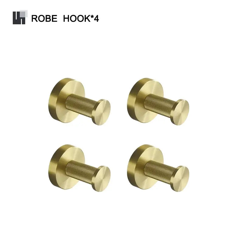 Brushed gold knurled brass bathroom wall hooks set of 4 by Simples Market
