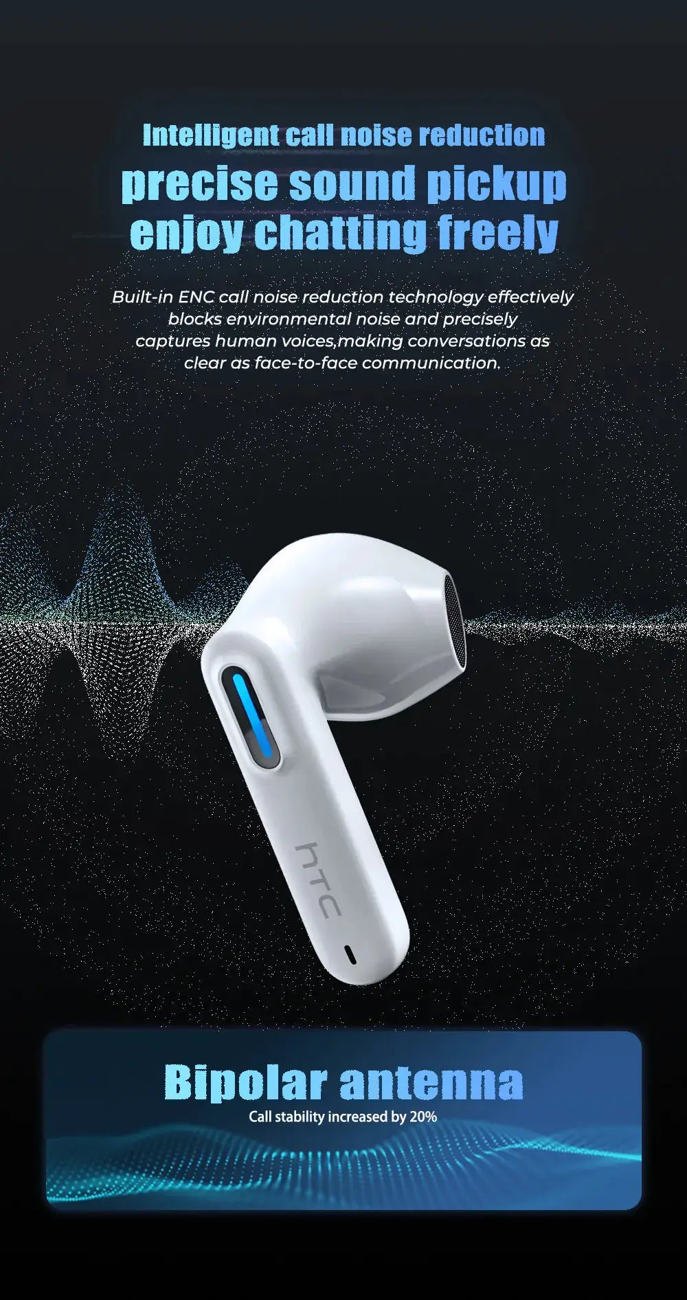 HTC NE49 Bluetooth earphones, white with blue accent, TWS wireless headset