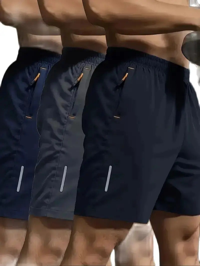 3-pack men's navy breathable sport shorts with elastic waist and reflective trim