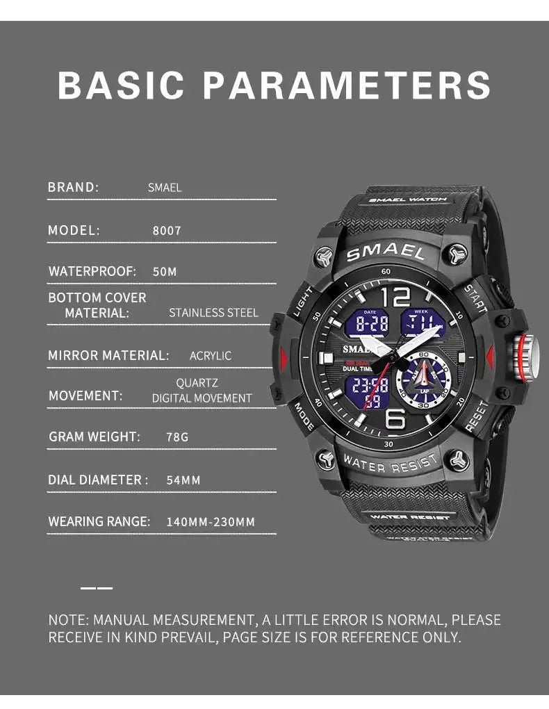 SMAEL sport watch for men, black rugged military-style wristwatch with LED digital display and backlight