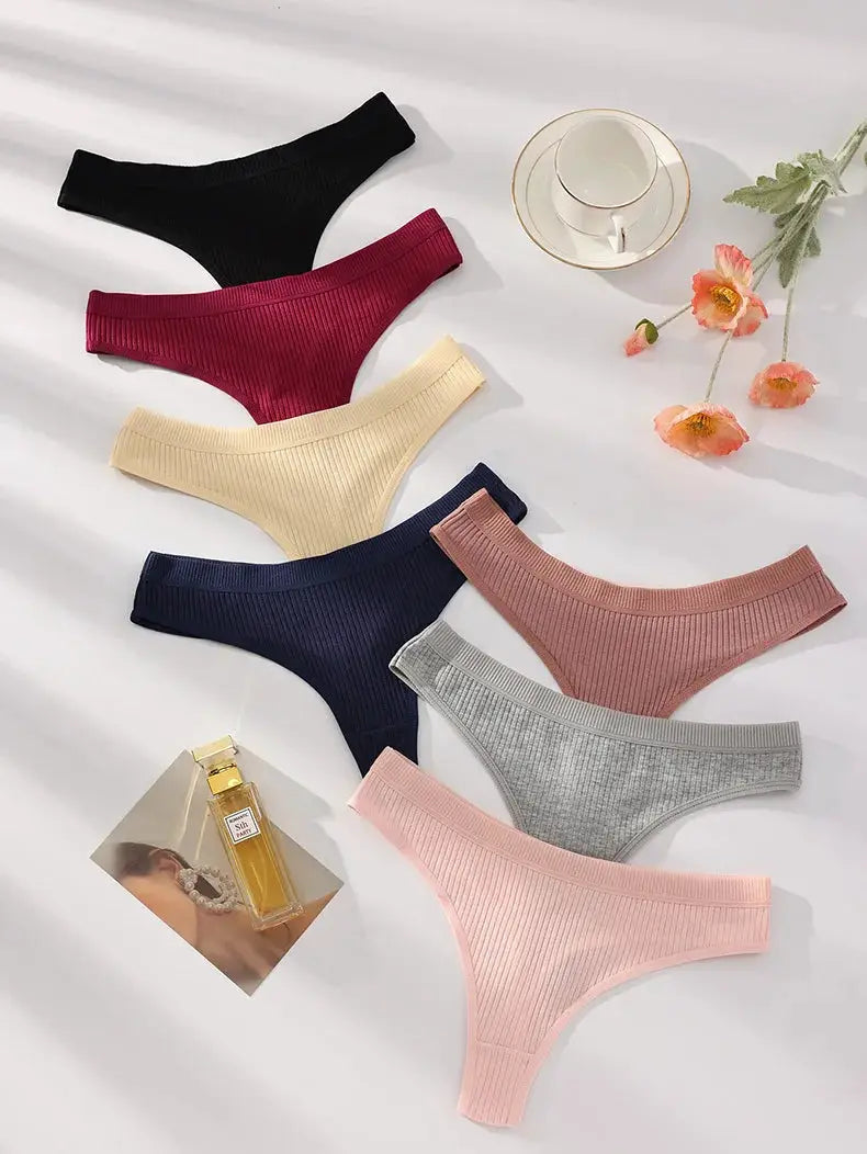 Women's cotton ribbed thong panties, 7-pack in assorted colors