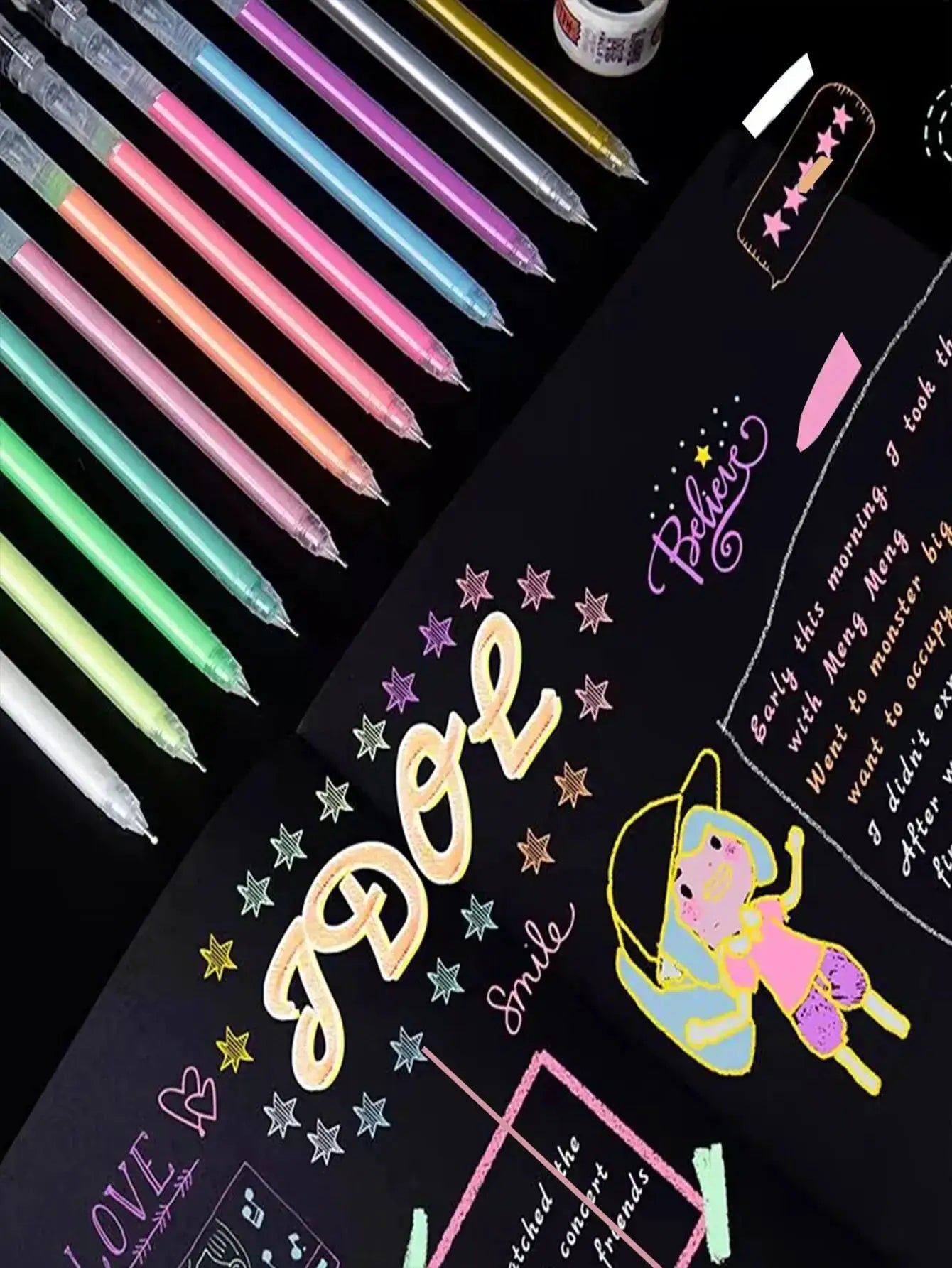 12-color gel pen set from Simples Market with 0.5mm fine tips for drawing and journaling on black cardstock