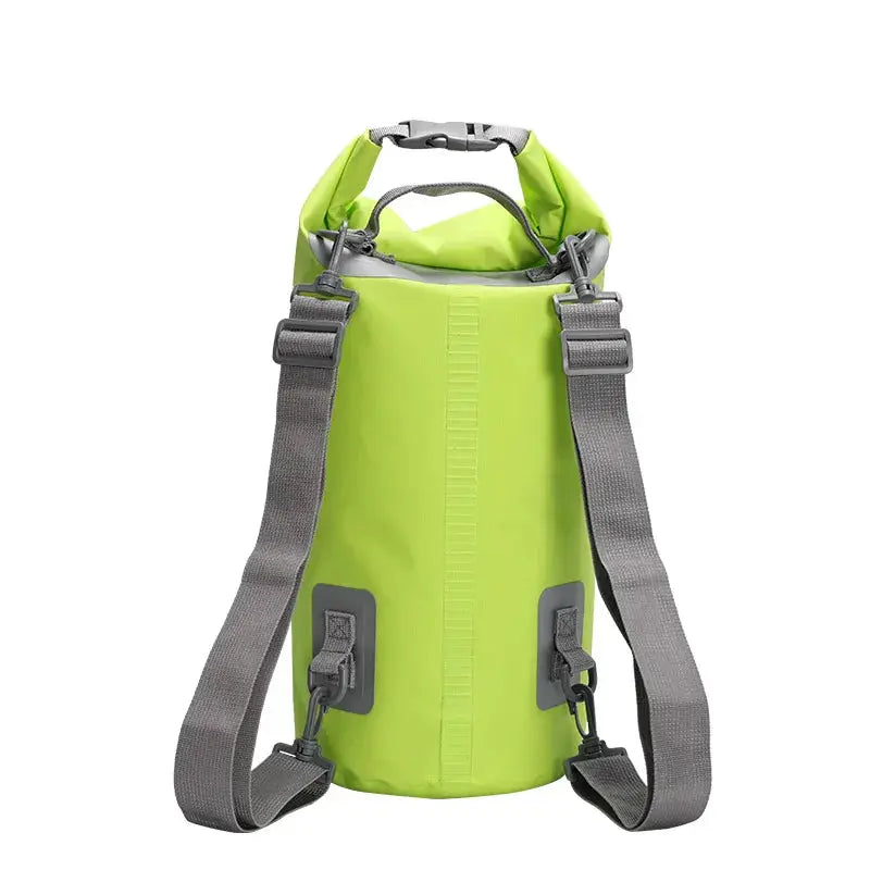 Simples Market PVC waterproof dry bag, lime green with grey double shoulder straps for outdoor water sports.