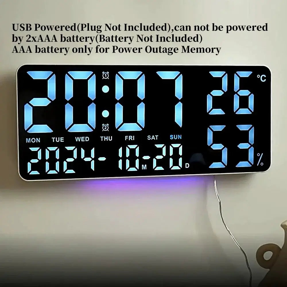 Large digital wall clock by Simples Market with 7-color mood light, blue LED digits, date, temp, humidity, 2 alarms