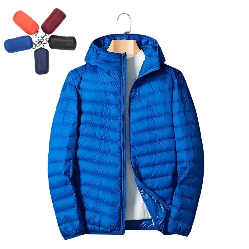 Blue men's ultralight down jacket with hood; puffer style, windproof/waterproof. Five color swatches top-left.