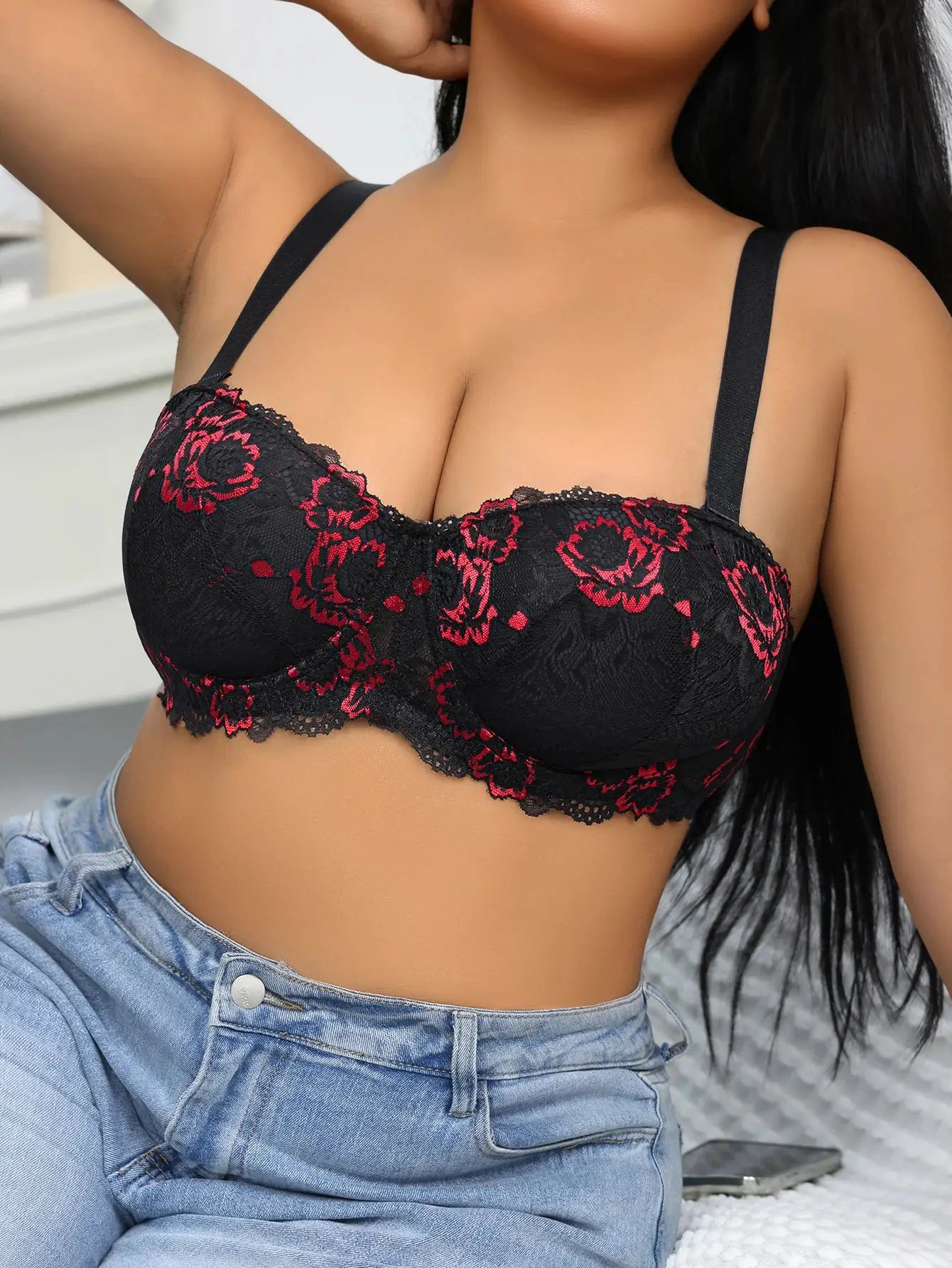 Daily wide-strap lace push-up bra in black with red floral embroidery, plus-size underwire