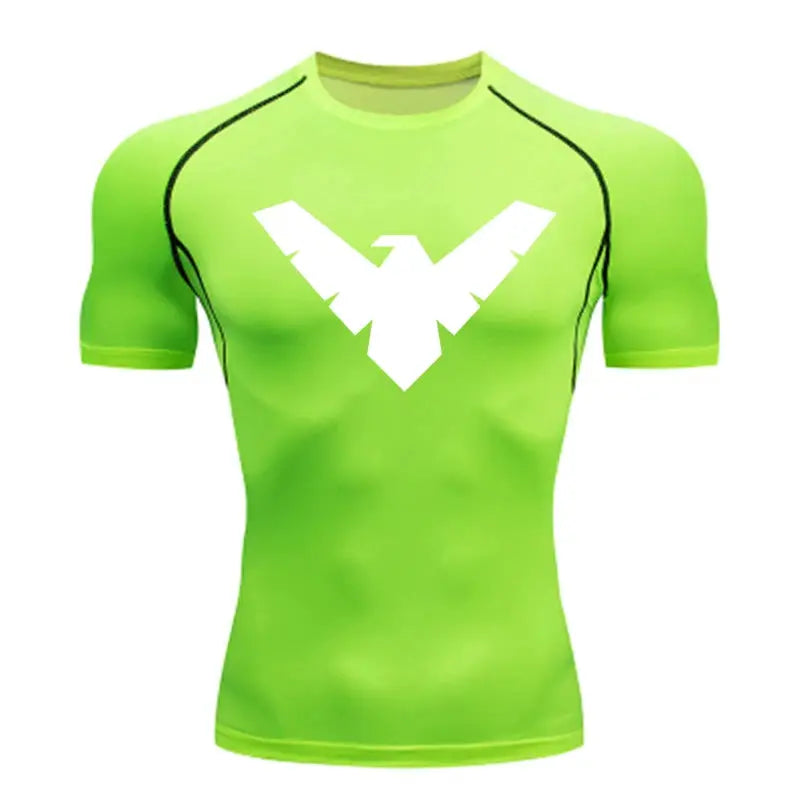 Neon green short-sleeve compression athletic shirt with a white chest logo.