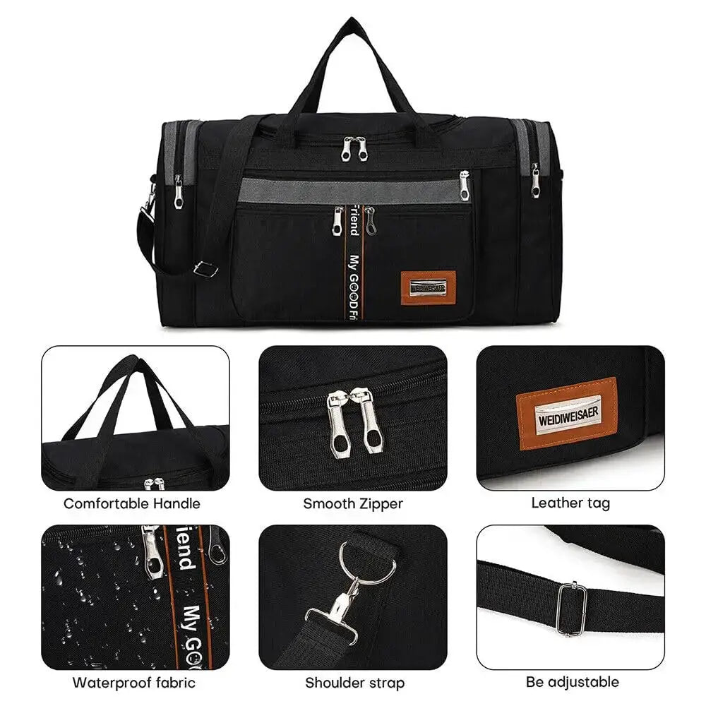 Gym Duffle Bag by Simples Market, black 60L/28in large waterproof travel duffel with adjustable shoulder strap