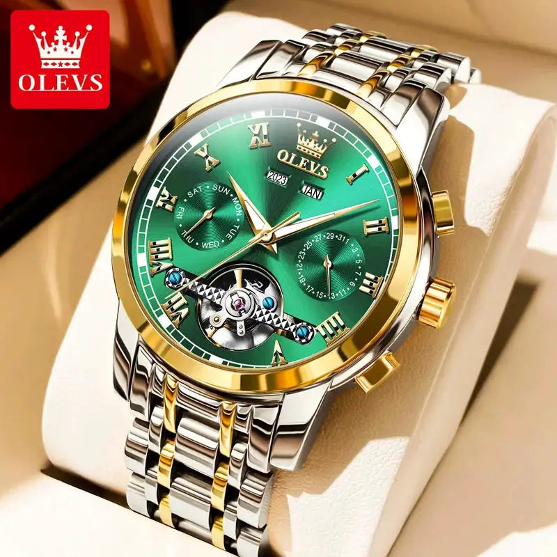OLEVS 6607 automatic skeleton dual-calendar men's watch with green dial and two-tone stainless steel bracelet
