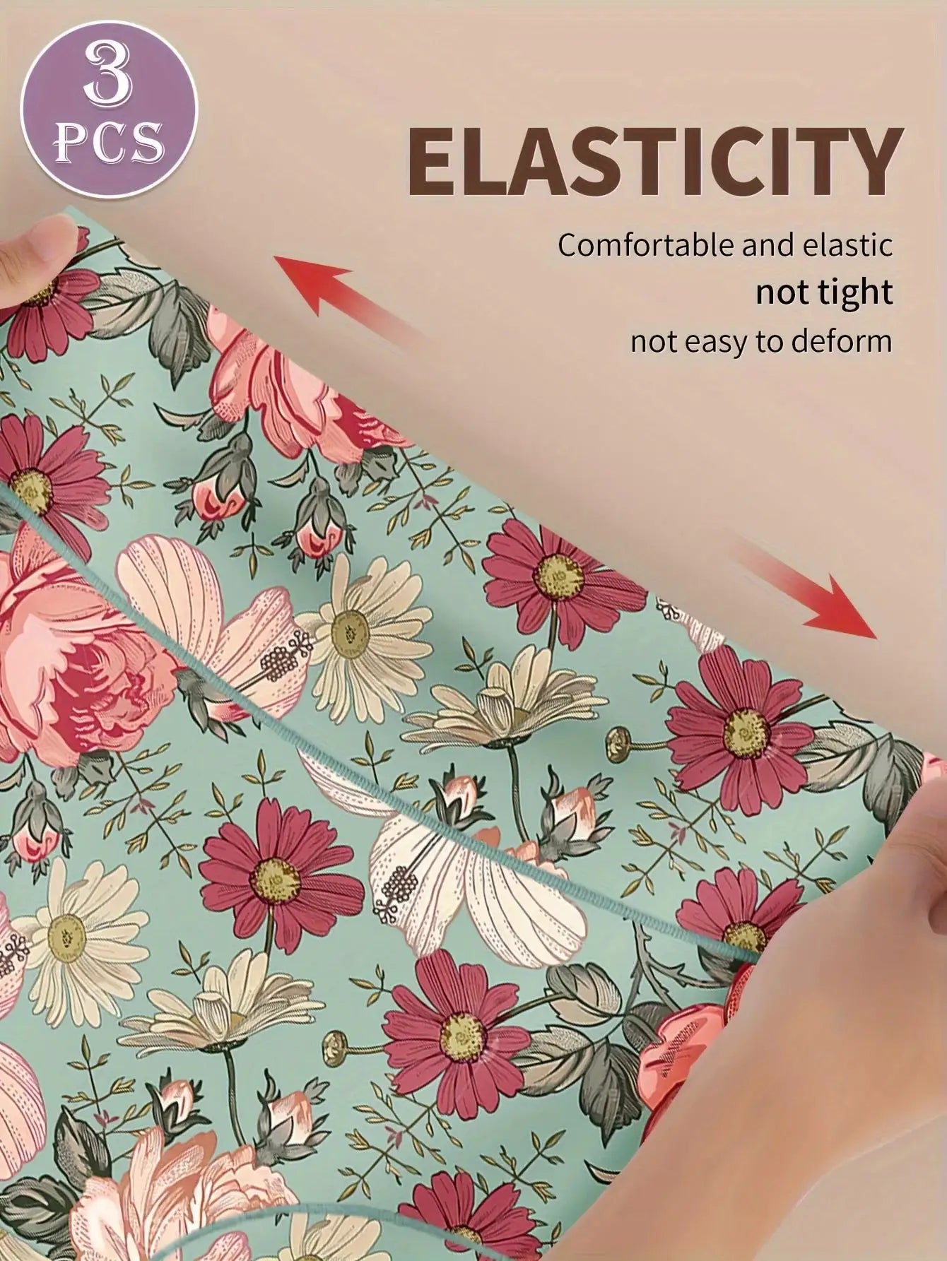 3pcs high-waisted printed panties by Simples Market; floral pattern, comfortable and elastic.