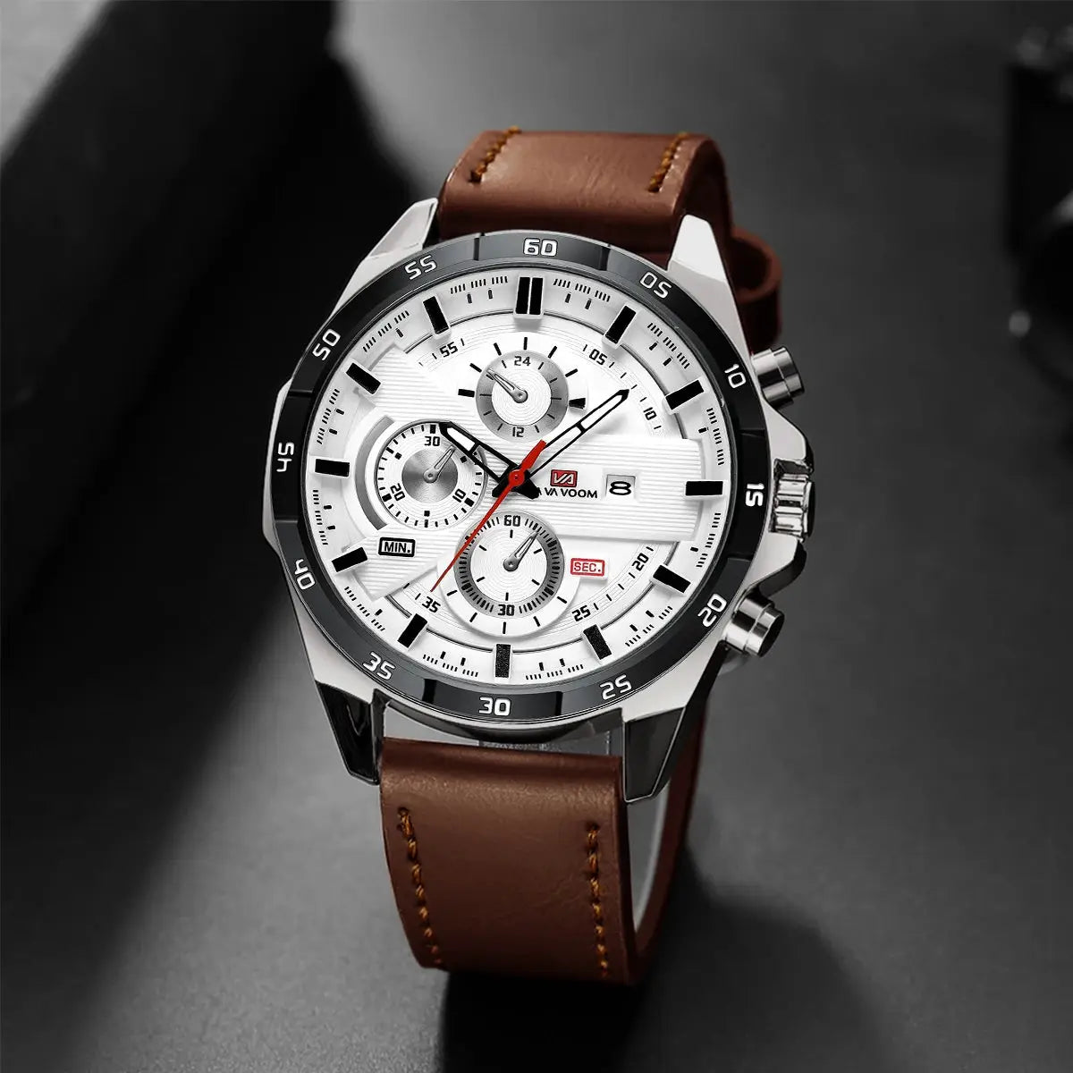 Men's 46mm Sports Style Leather Racing Band Quartz Calendar Watch For Precise Timekeeping