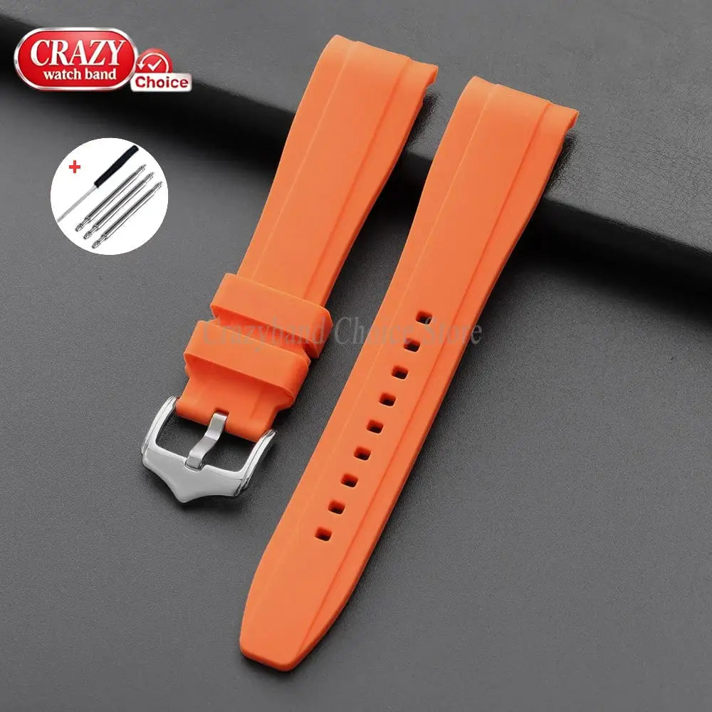 Crazy watch band orange silicone watch strap, 20/22mm, curved-end two-piece set with buckle