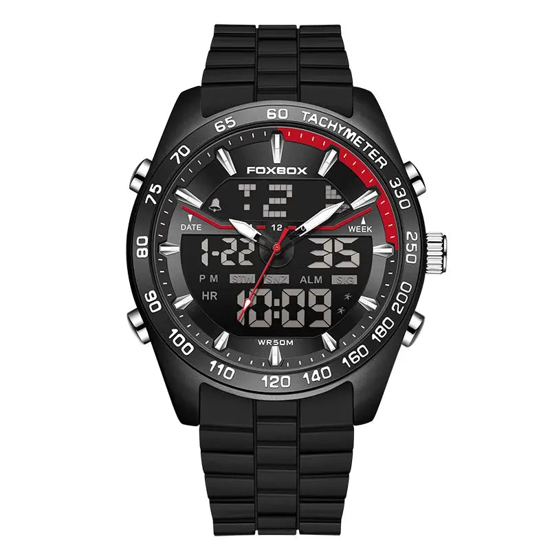 FOXBOX men's black stainless steel digital-analog wristwatch with tachymeter bezel, 50m water resistant