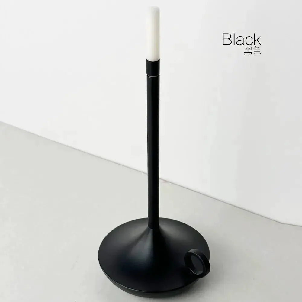 Atmosphere LED candle desk lamp on a black metal stand with circular base; USB rechargeable touch night light