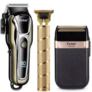 Kemei 3-piece cordless men's hair trimmer set in black and gold with clipper, trimmer, shaver
