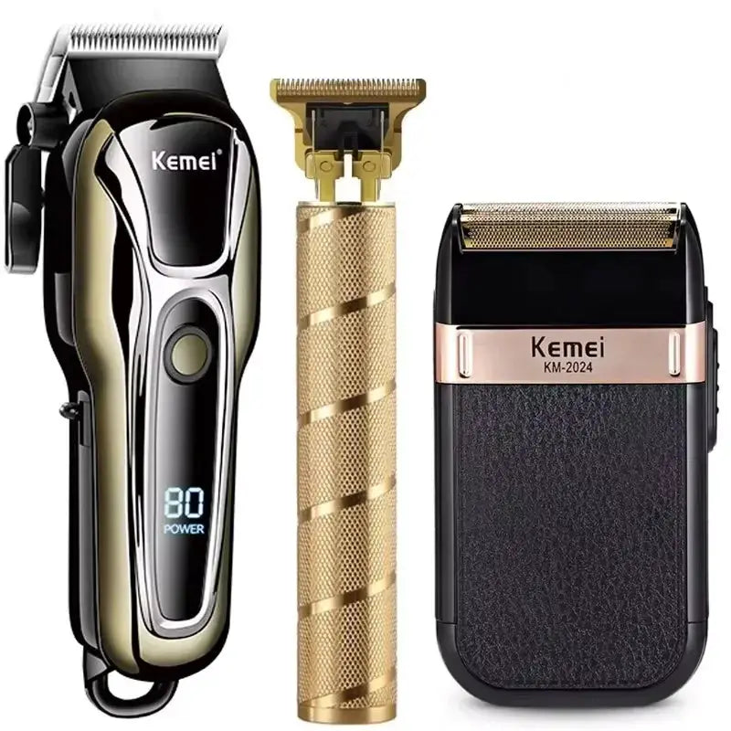 Kemei 3-piece cordless men's hair trimmer set in black and gold with clipper, trimmer, shaver