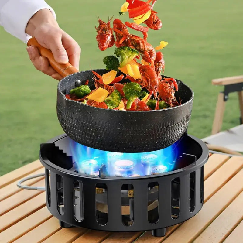 Portable camping stove by Simples Market, black finish with 21000W windproof burner and electronic ignition.