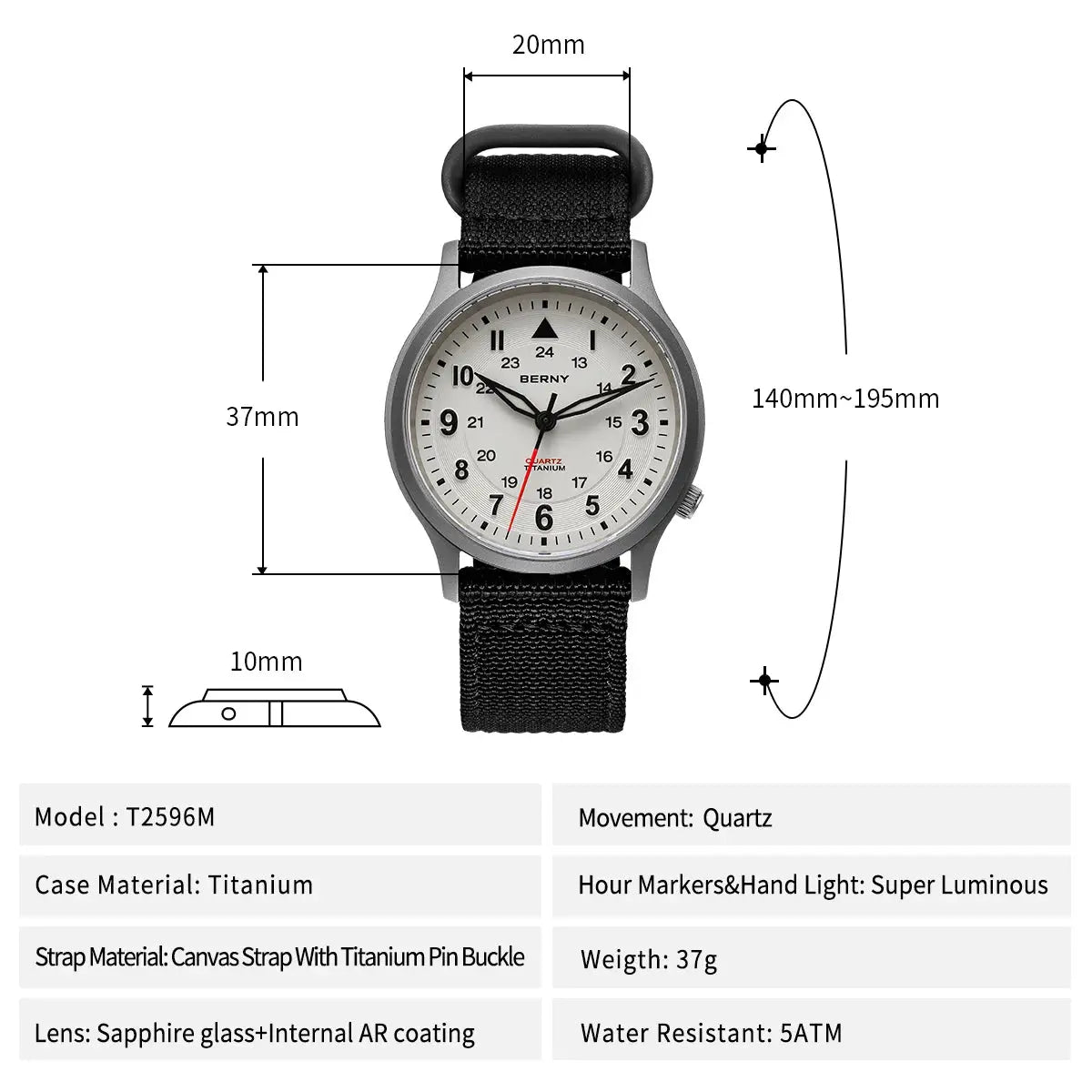 BERNY titanium men's watch with black canvas strap, sapphire glass, super luminous hands, quartz, 5ATM.