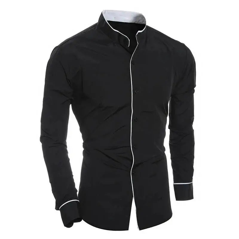 Men's slim-fit black long-sleeve shirt with white piping on placket and cuffs