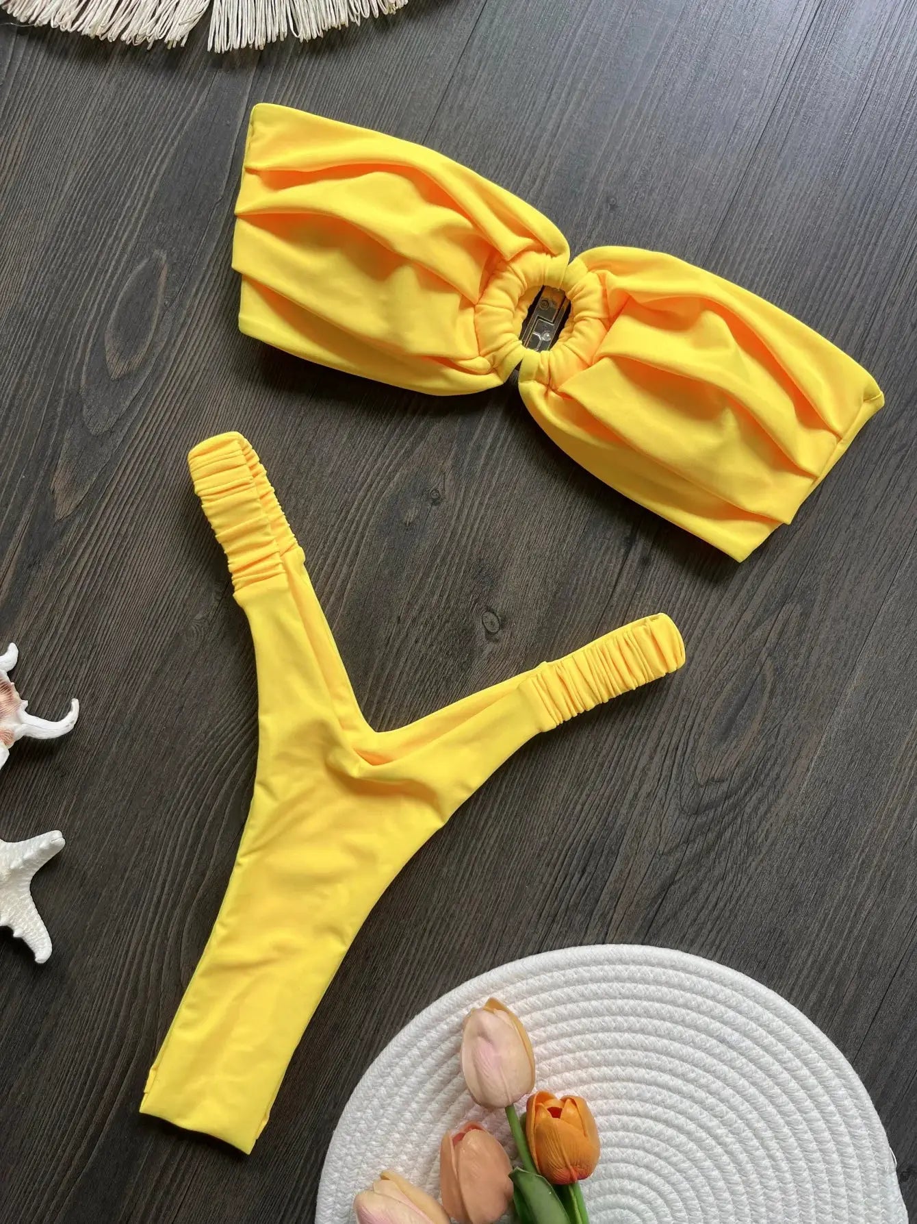 Yellow bikini set with bandeau top and ruched high-cut bottoms, Simples Market beachwear
