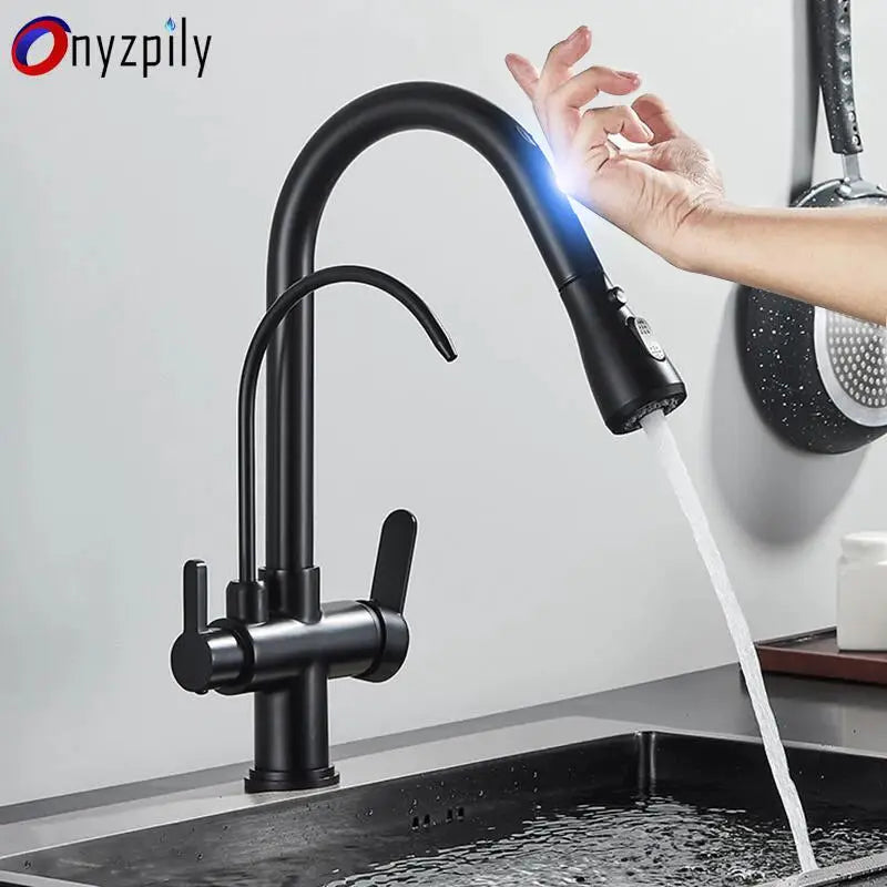 Onyzpily black touch kitchen faucet with pull-out spray, deck-mounted dual-handle hot/cold water