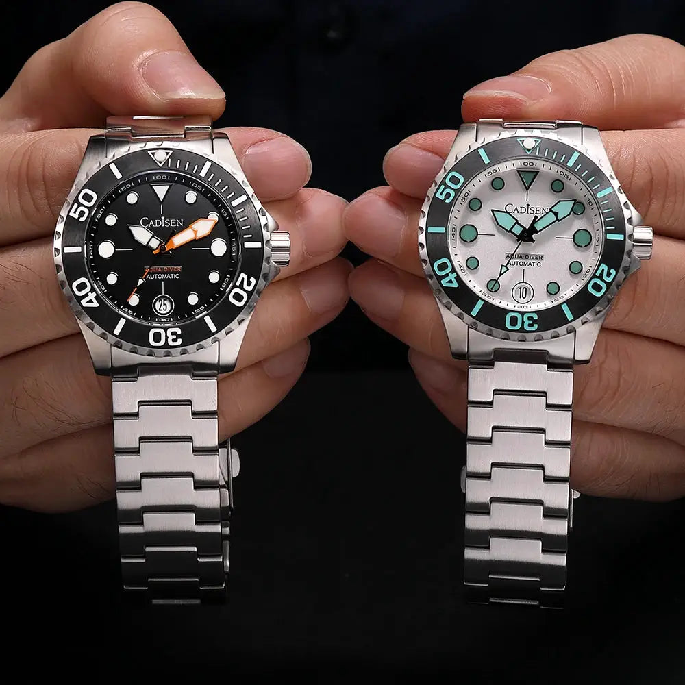 2 Cadisen Aqua Diver automatics with stainless steel bracelets; black dial, orange hands; light dial, teal markers.
