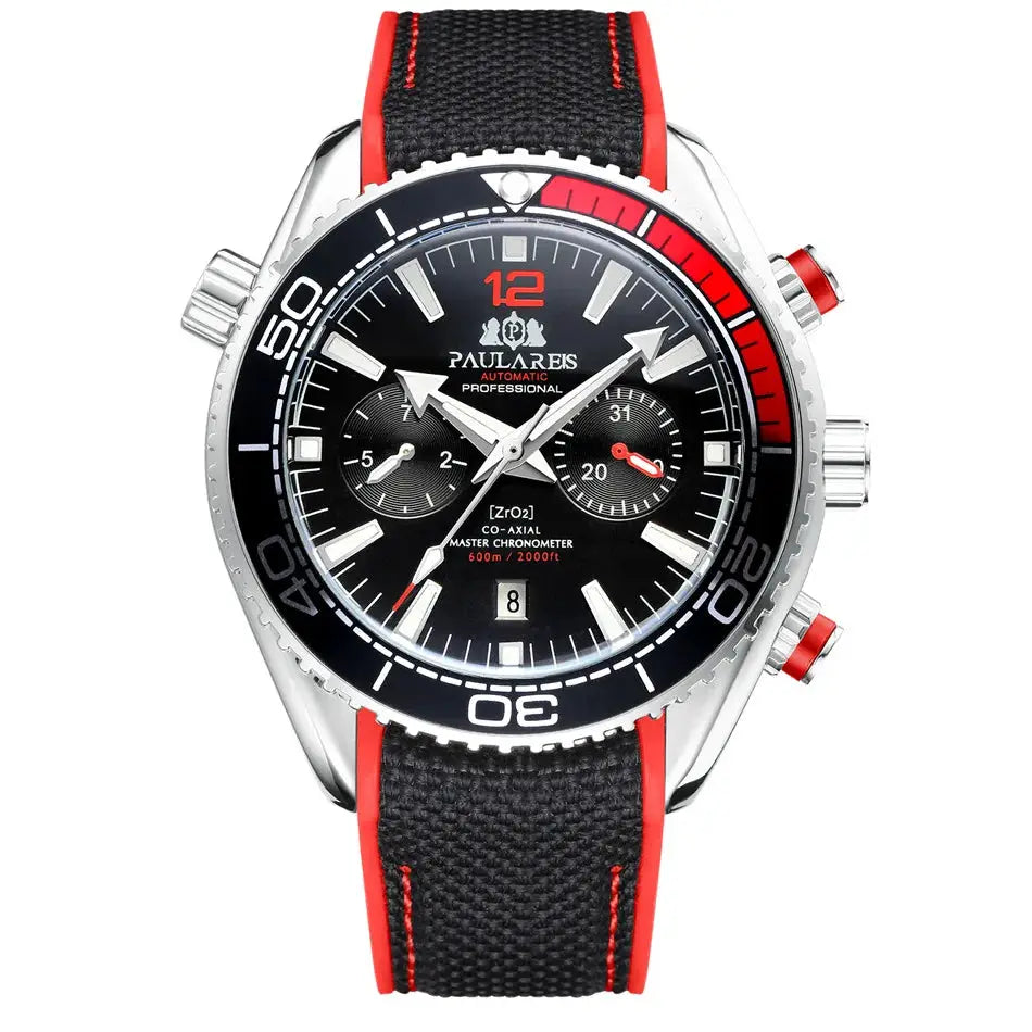 PAULAREIS P luxury men's automatic watch with black dial, red bezel, and black rubber strap