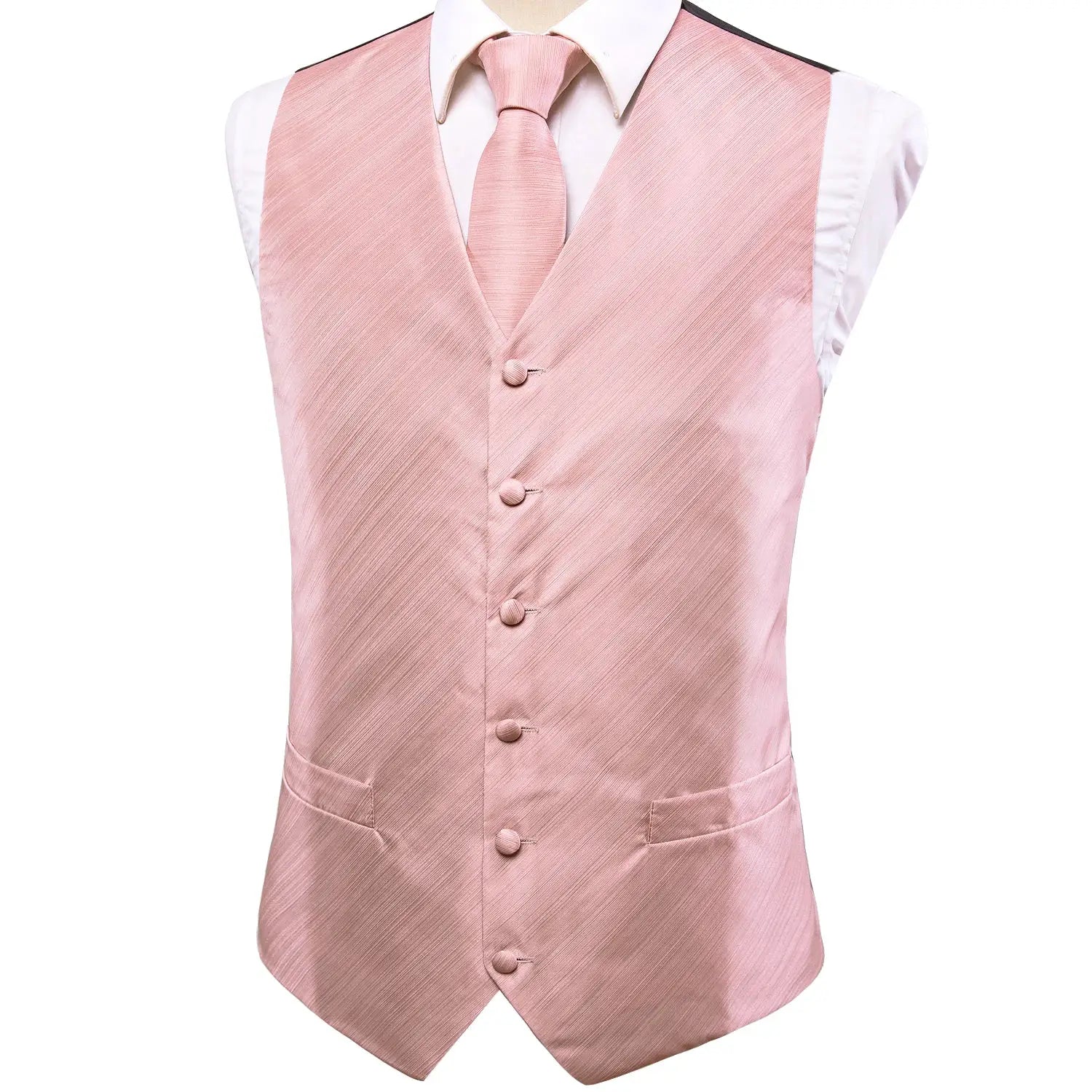 Men's pink satin waistcoat set with matching tie on white shirt