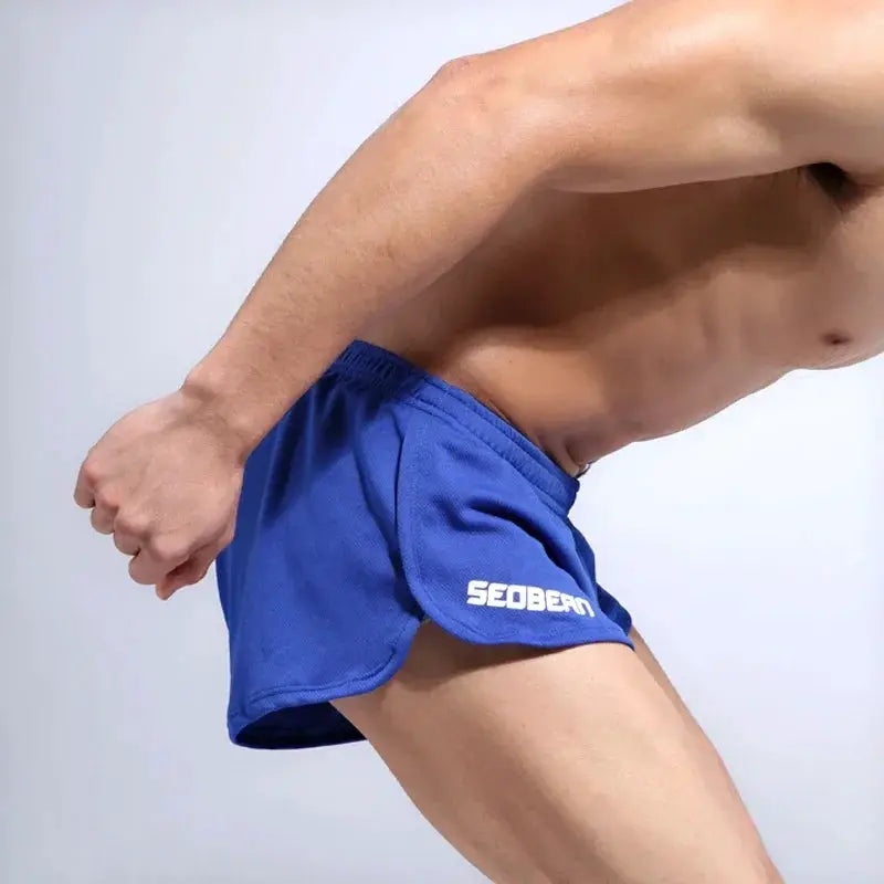 SEOBEAN men's blue sports running shorts with inner liner
