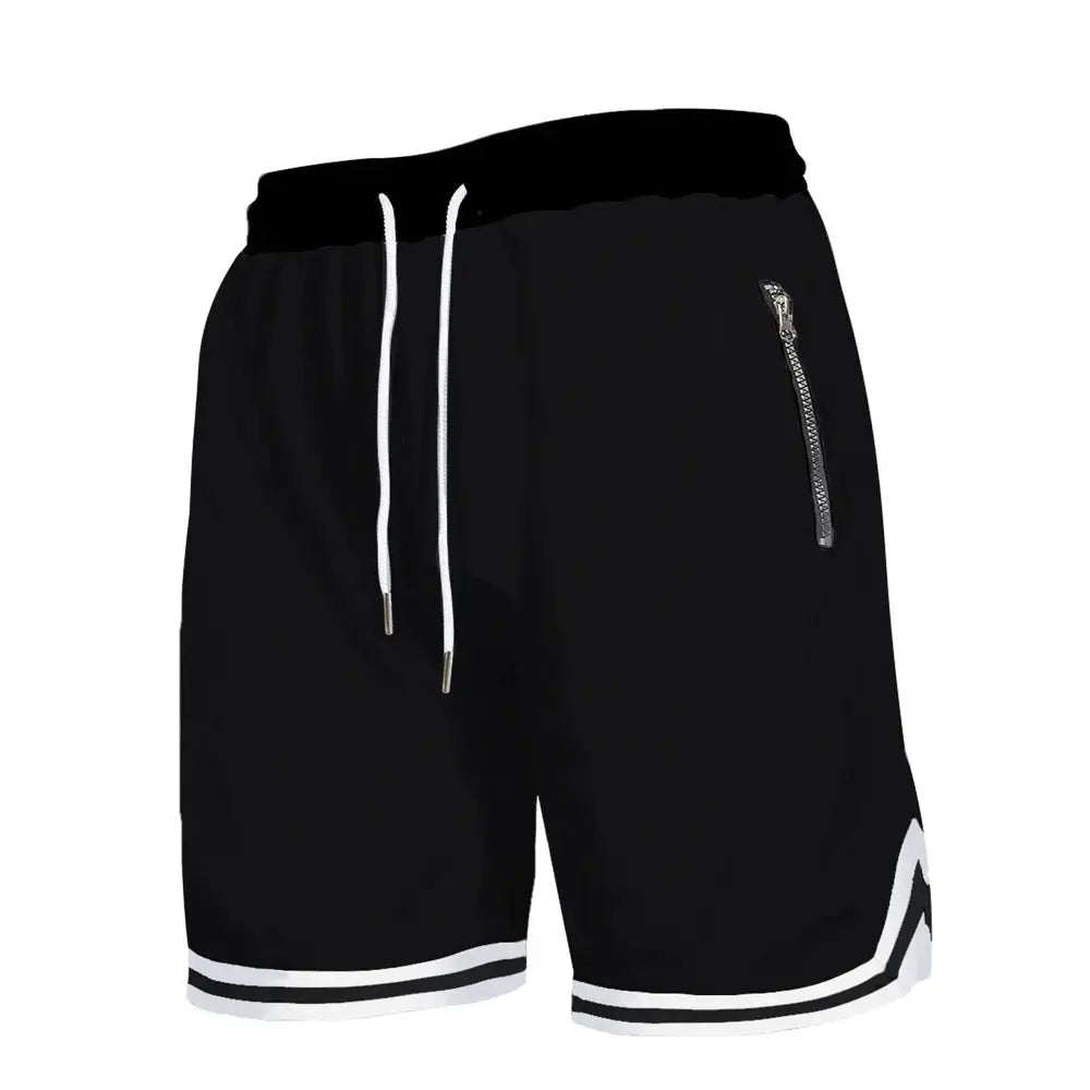Simples Market men's black mesh quick-dry basketball shorts with white drawstrings, zippered pocket, and white trim.