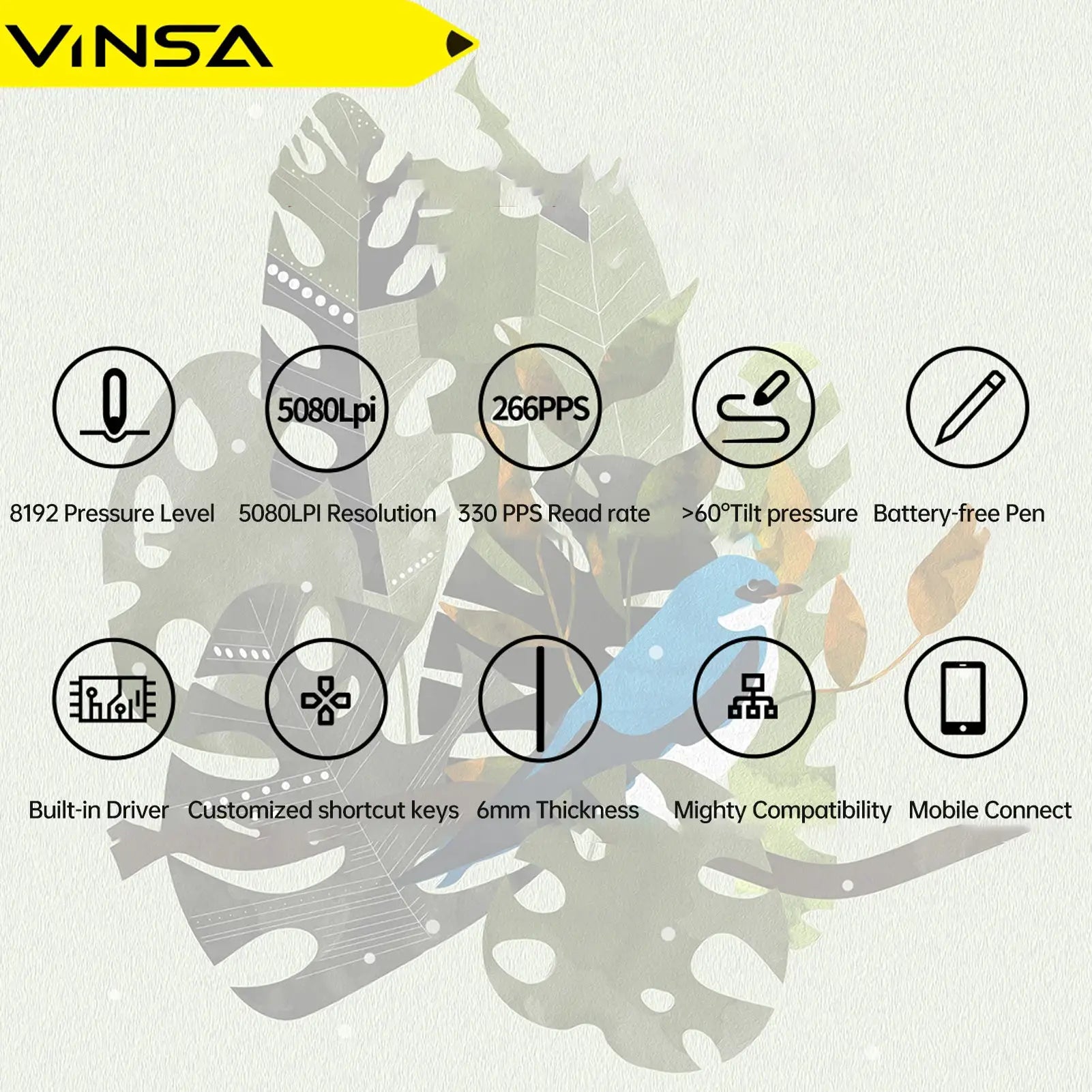 VINSA T1161 graphics drawing tablet with battery-free stylus, ultra-thin design, 8192 pressure levels, 8 nibs