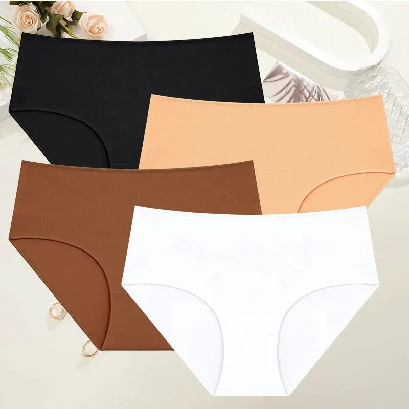 4-pack seamless high-waist cotton panties in black, nude, brown, and white.