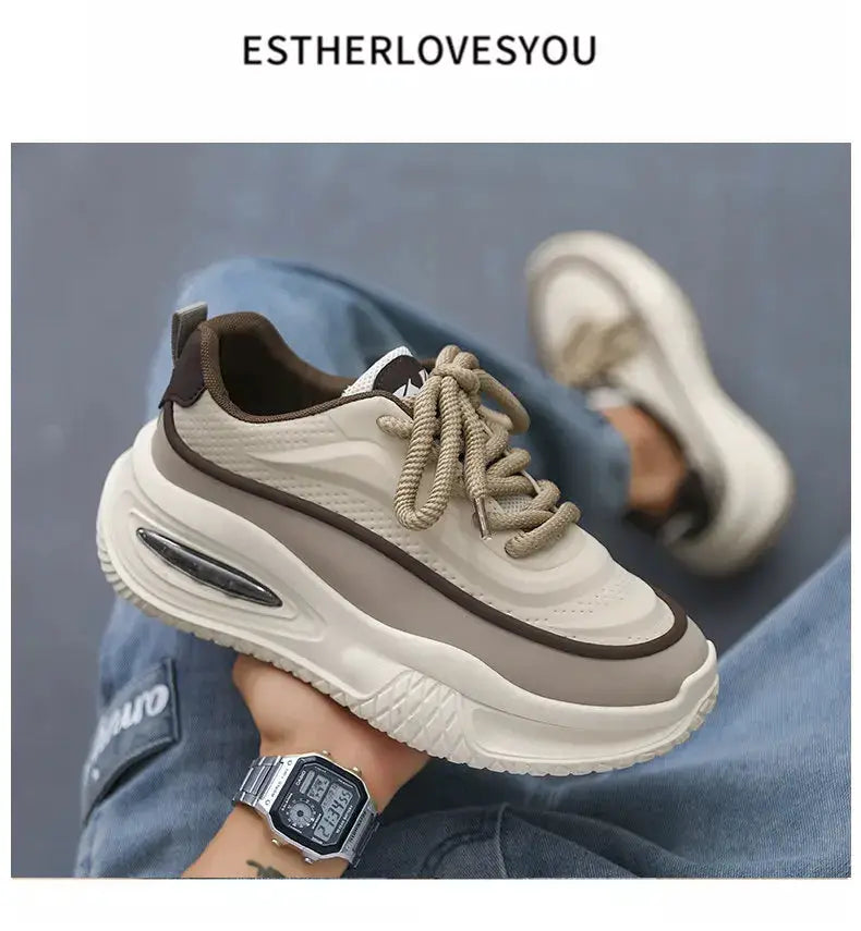 Men's chunky beige sneakers with brown trim and thick white sole; lace-up skate-style shoes (two shown)