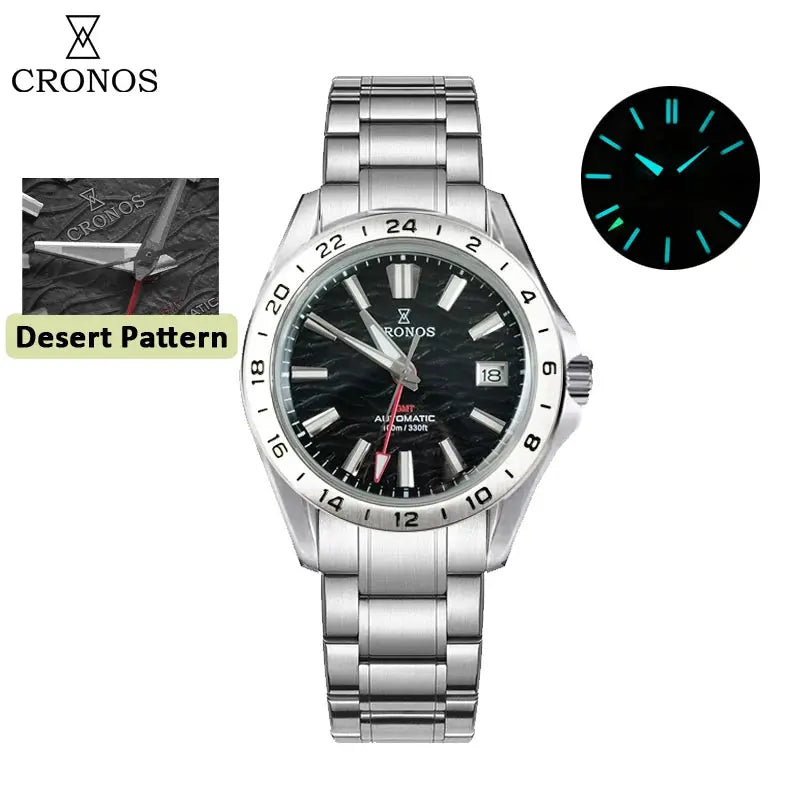 Cronos GS mechanical men’s watch 39mm with birch-pattern dial, brushed stainless steel bracelet, GMT bezel