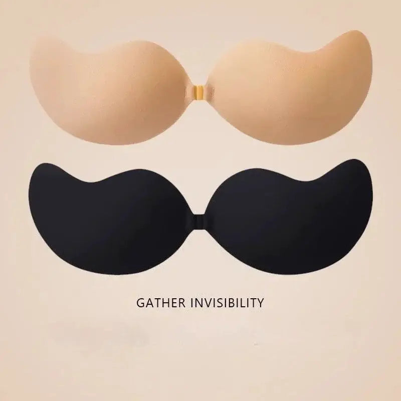 Simples Market strapless adhesive bra pair in nude and black, seamless silicone cups