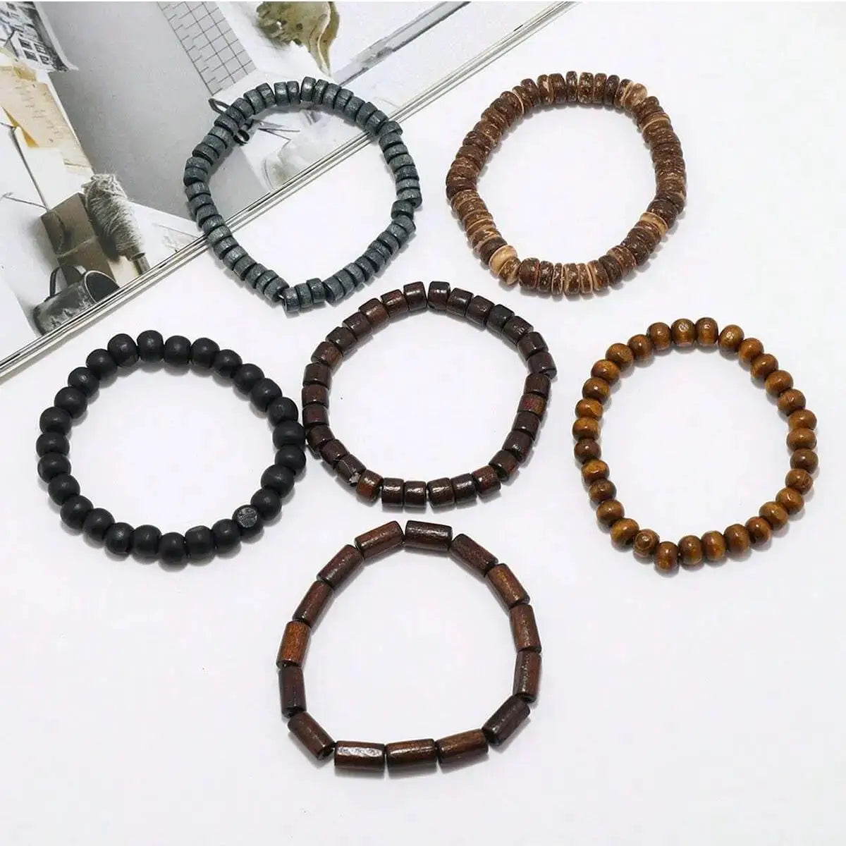 6 Pcs Wodeen Braided Wrap Leather Bracelets For Men Vintage Life Wood Beads Fashion Armband Set
