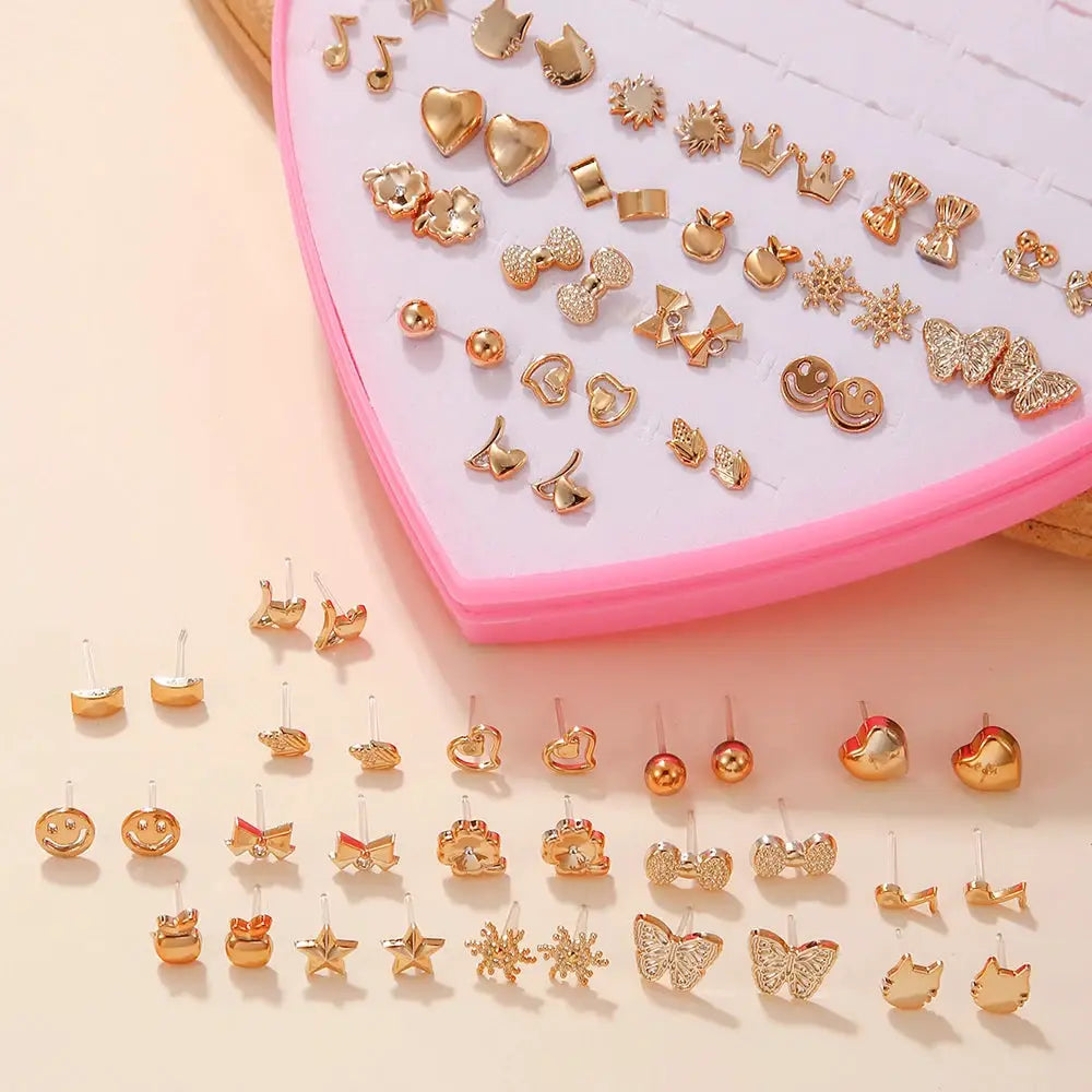 Gold-tone resin stud earrings set, 36 pairs in shapes like snowflakes, butterflies, hearts, bows for women