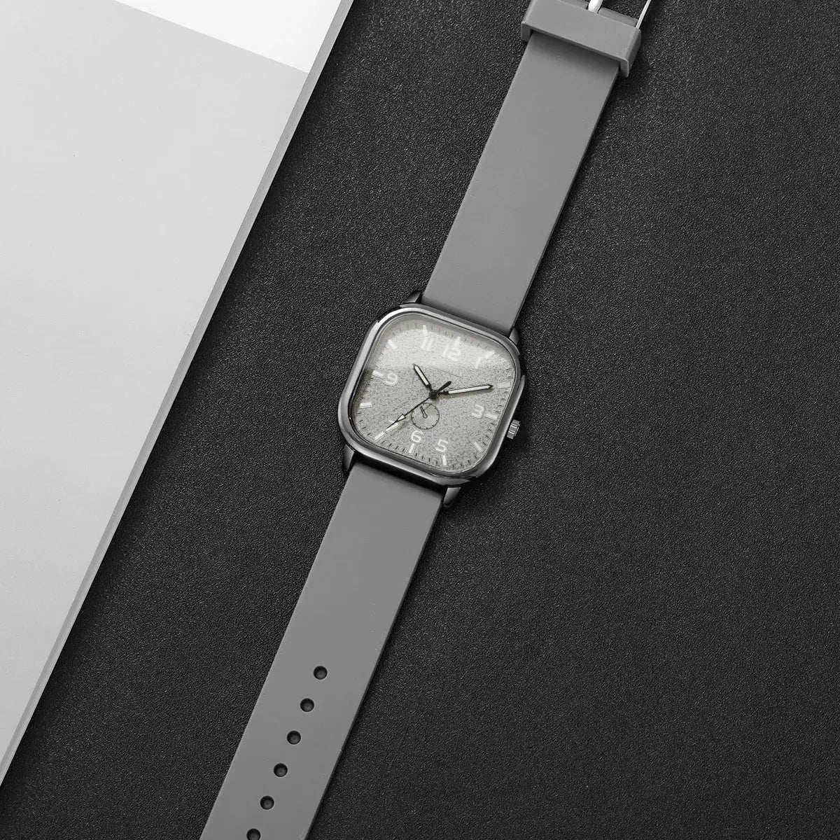 Fashion square watch with gray silicone strap and silver dial, unisex quartz wristwatch