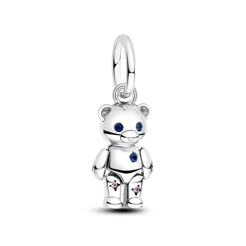 925 Sterling Silver bear charm with blue zircon eyes and pink stone accents for bracelets